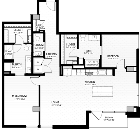 Floor plan for 2 beds, 2.5 baths, 1528 sqft